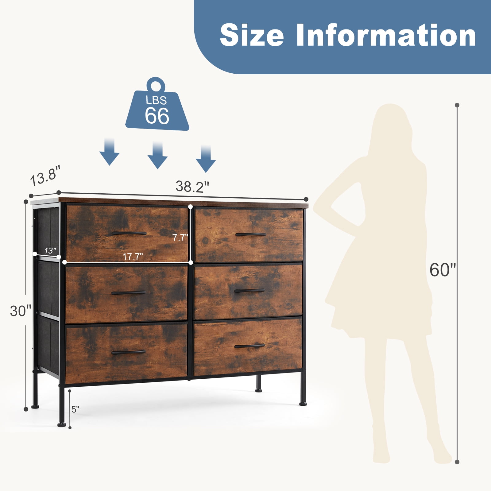 Gianna Chest of Dresser with 6 Spacious Fabric Drawers, Effortless Organization, Rustic Brown