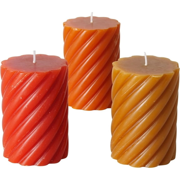 Twist Pillar Candles, Set of 3, Orange, Tangerine and Amber, 45 Hours Burn Time, 4 Inches