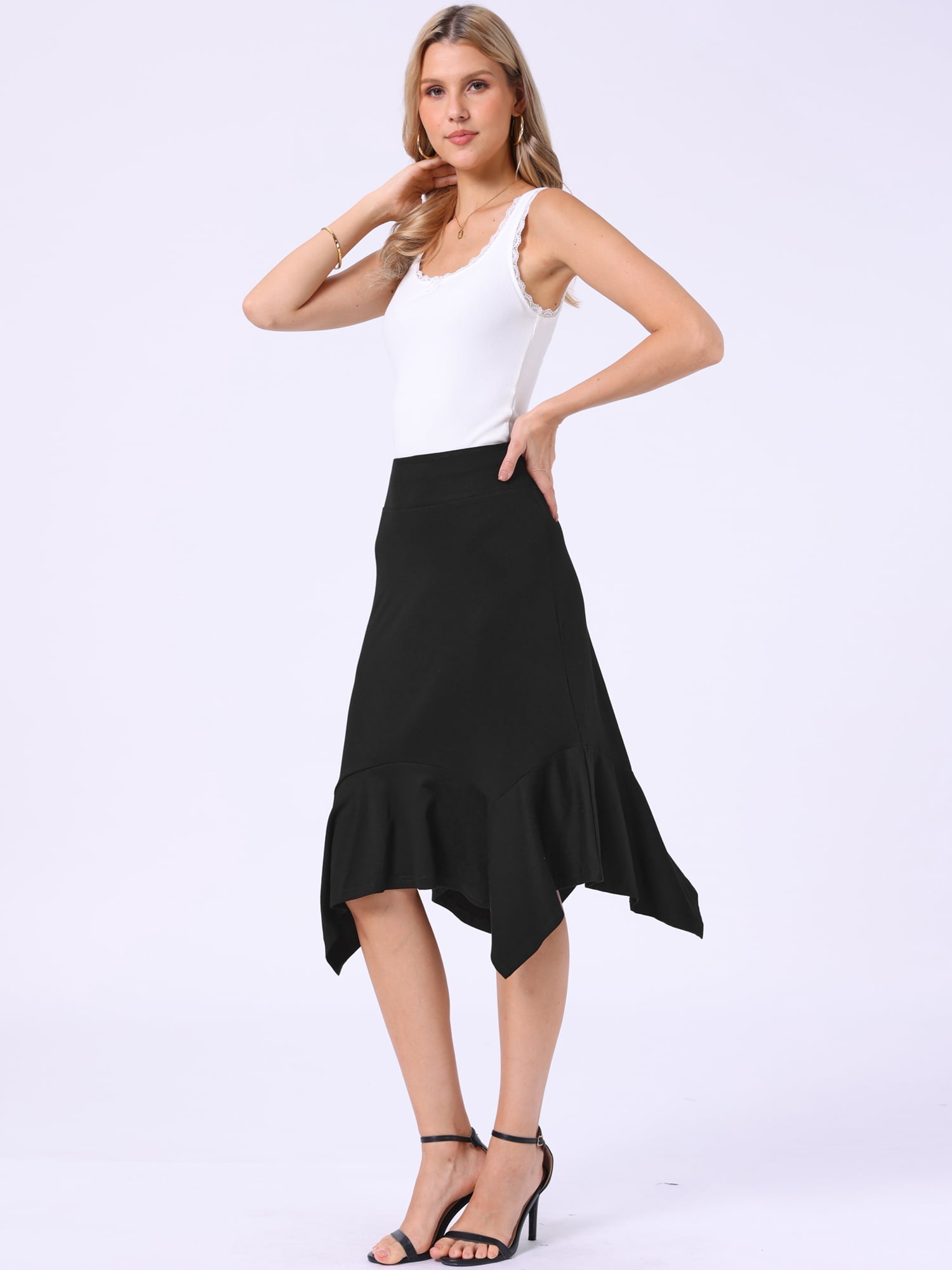 DARING DIVA Women's Ruffled Midi Flowy A-Line Handkerchief Hem Skirt X-Small Black