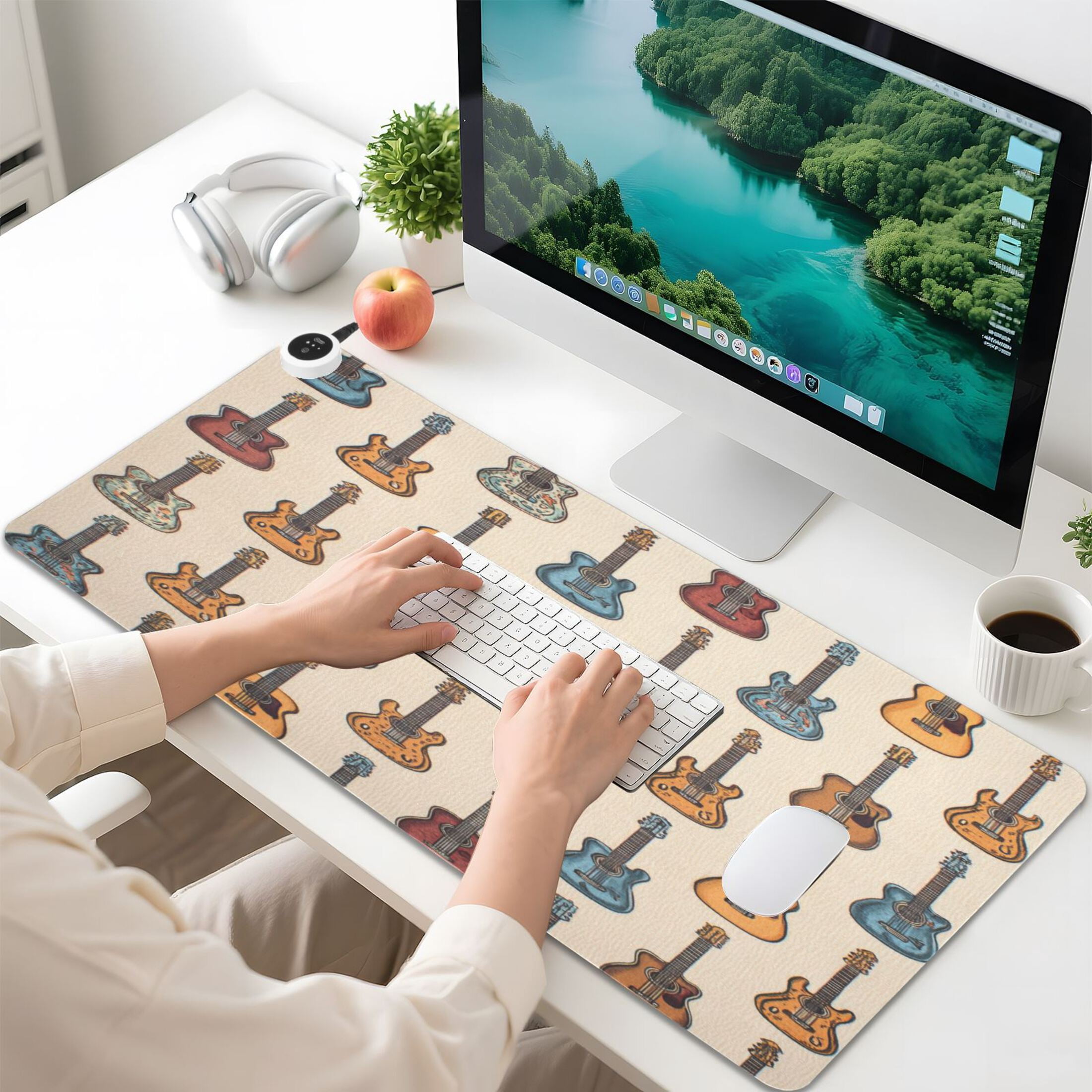 Large Heated Desk Mat Mouse Pad 31.5"x13"PU Leather Graphene Heating Desk Warmer with 3 Temperature Settings 110V US Plug Non-Slip Warm Pad for Home, Office, and Gaming Classic Guitar Music Art