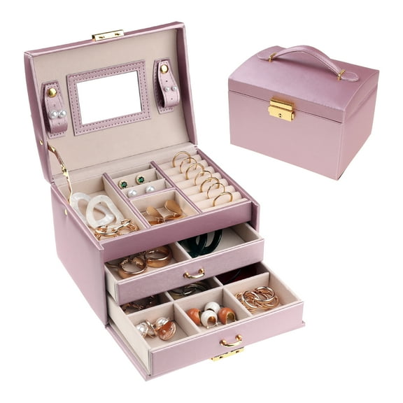 REGALWOVEN 3 Layer PU Leather Jewelry Box Organizer Storage with Mirror for Women Girl Birthday Gift Purple 17.5*14*13cm