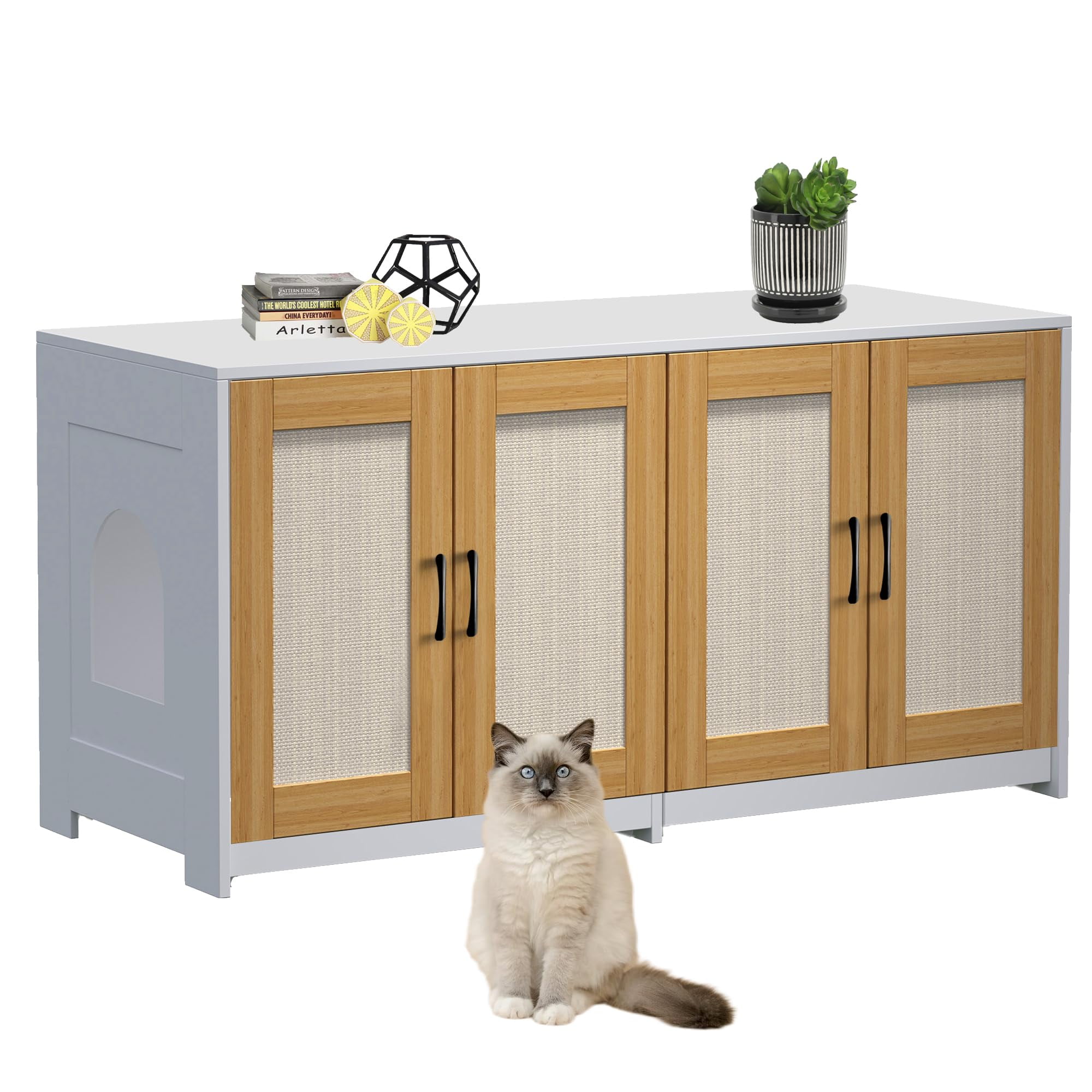 Huisuilinss Cat Litter Box Enclosure With Rattan Door,47" Hidden Litter Box With Double Room,Wood Cat Washroom Furniture,Cat House TV Stand,End Side Table Sideboard With 4 Sisal Doors
