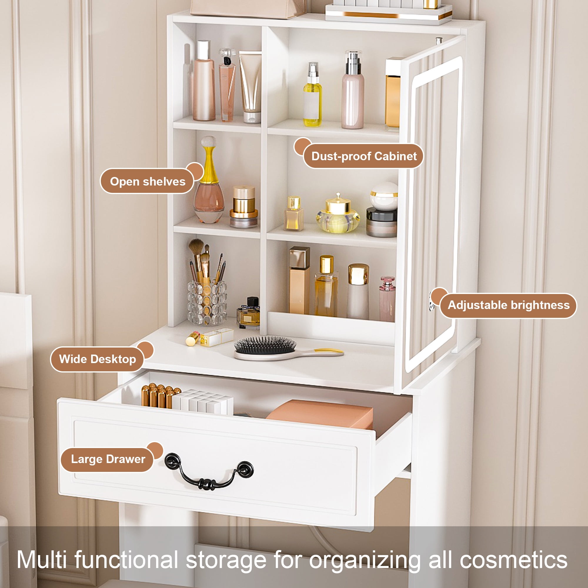 Yoneston Mini Makeup Vanity Desk Set with Mirror and Adjustable LED Lights, Hidden Storage Vanity Table with Cushioned Chair and 2 Drawers for Bedrooms, White
