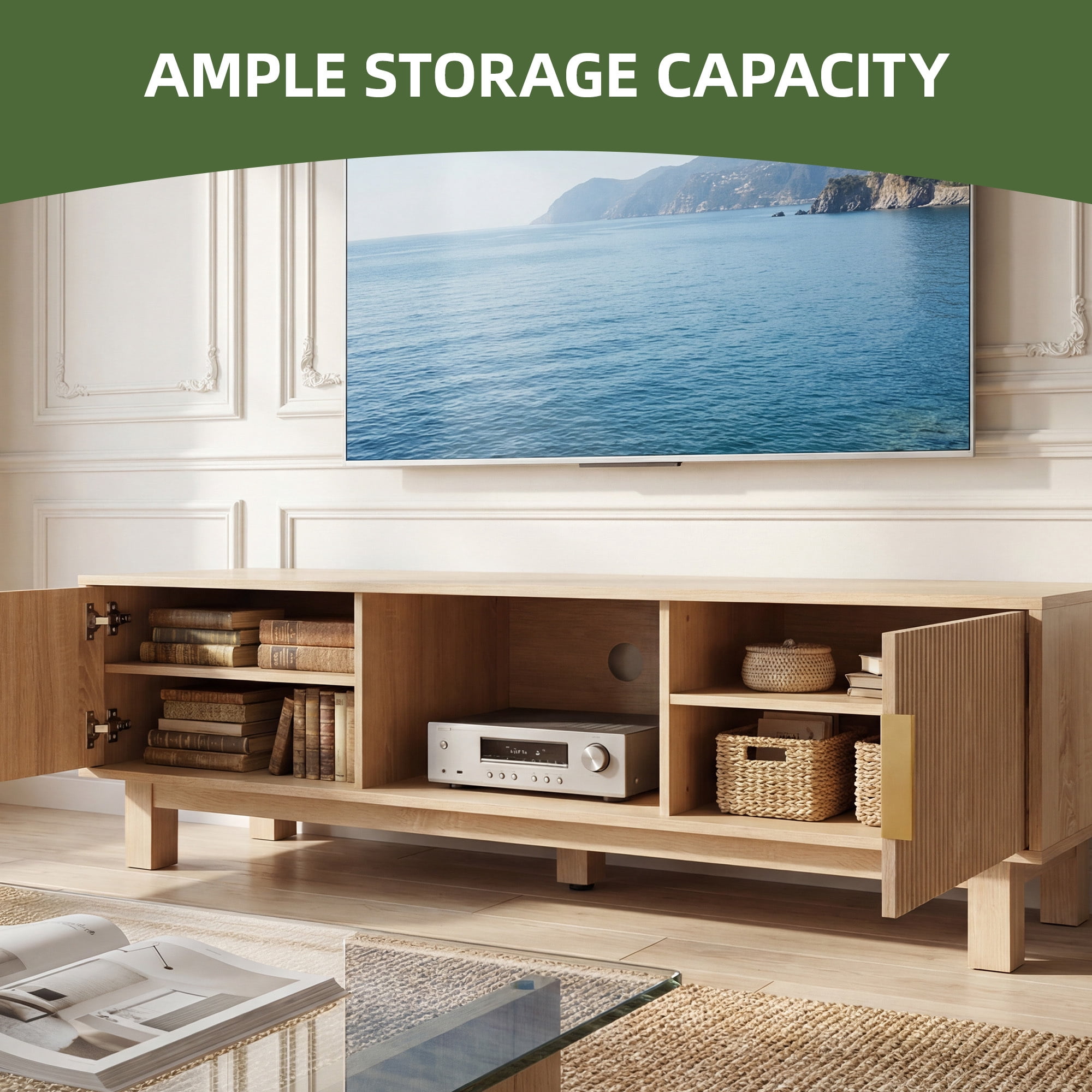 Uforic 59" Natural Wooden TV Stand with Power Outlets, Fluted Entertainment Center for 65" TVs (Living Room)