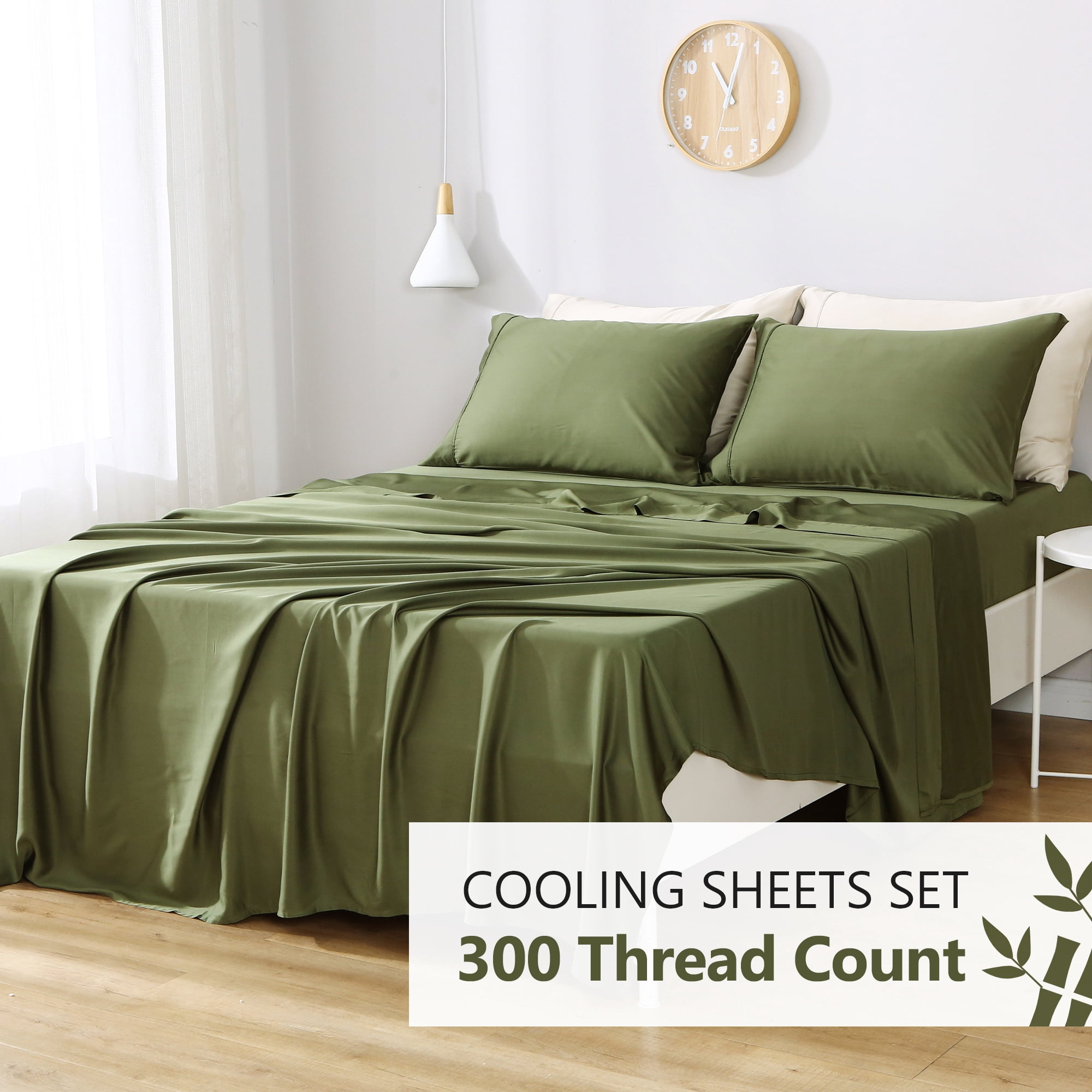 L Linen World 100% Viscose from Bamboo Sheets Set Full Size,Bamboo Cooling Bed Sheet 4 Pieces Deep Pocket Sheet,Silky Soft,Breathable(Green,Full)