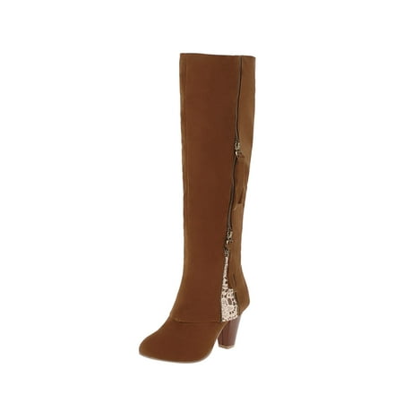 jsaierl Women Boots Winter Square High Heel Knee-high Zip Pointed Toe Shoes Fleece Vamp Female Boots