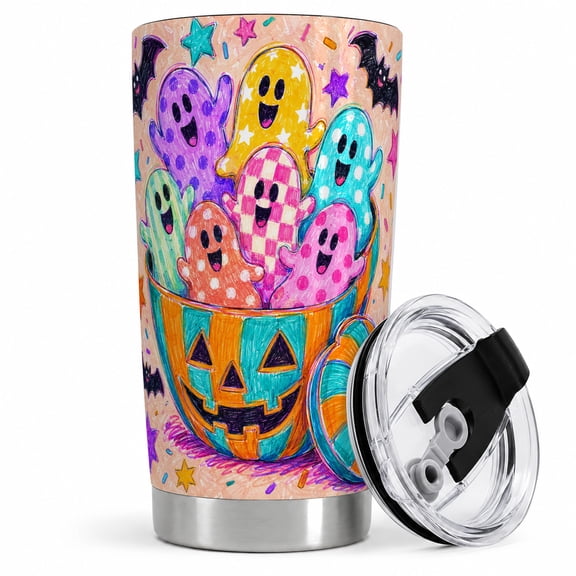 Colorful Ghost Bucket Tumbler, 20oz Insulated Drinkware for Halloween Fans Stainless steel insulated tumbler with lid, colorful ghost bucket artwork for water, iced coffee, tea, or office