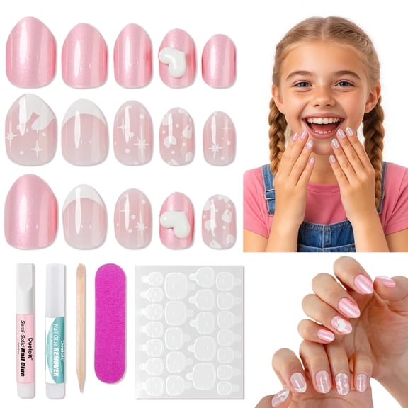 6-12 Years Press on Nails for Girls,3D French Fake Nails Kit with Jelly Adhesives & Builder Glue, 24pcs Reusable Glitter Full Cover Stick on Nails for Tweens