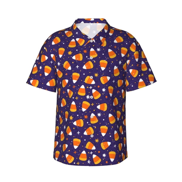 Fotbe Candy Corn (2) Camisa Hawaiana para Hombre Unisex – Camisa Casual de Verano con Botones de Manga Corta de Algodón y Lino,3X-Large