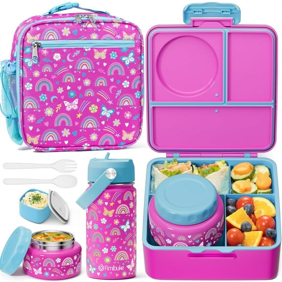 Bento Lunch Box with Thermos, Leakproof Bento Box with 8.5 OZ Insulated Food Jar, Lunch Bag, Water Bottle, 3 or 4 Compartment Container, Rainbow