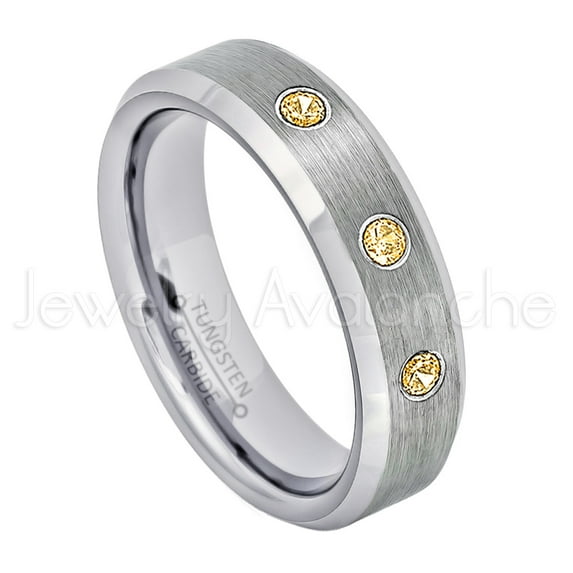 6mm Ladies Beveled Tungsten Ring - 0.21ctw Citrine 3-stone Band - Personalized Tungsten Wedding Ring - Custom Made November Birthstone Ring TN038BS
