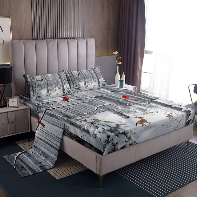 Erosebridal Merry Christmas Bed Sheets Set Full Size, Deer Cardinal Bird Bedding Set, Birch Tree Decor