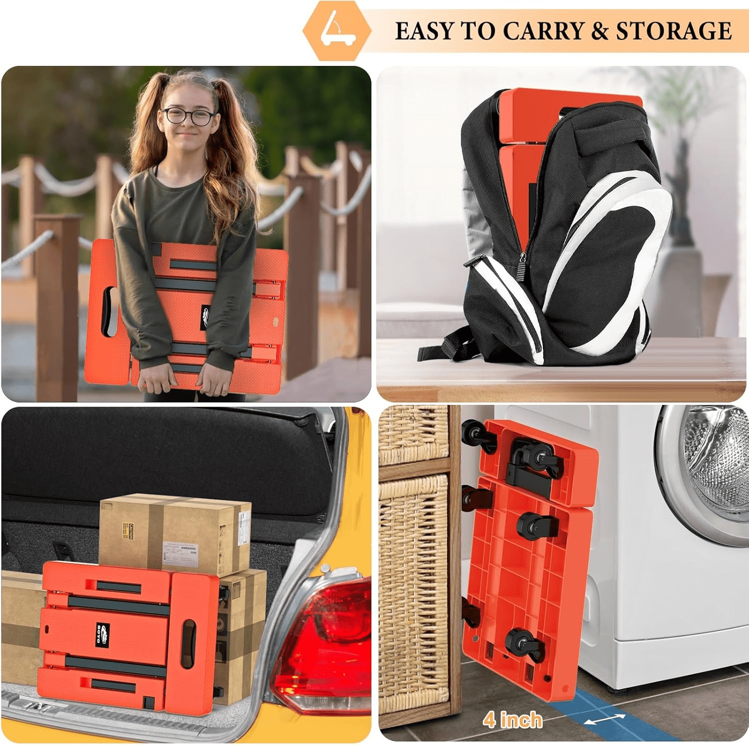 Foldable Dolly, Heavy Duty Dolly Cart, Folding Hand Truck with 6 Wheels & 2 Bungee Hooks, 500 LB Dolly Cart Capacity Portable Luggage Cart for Moving, Traveling and Shopping, Orange, 6 Wheels