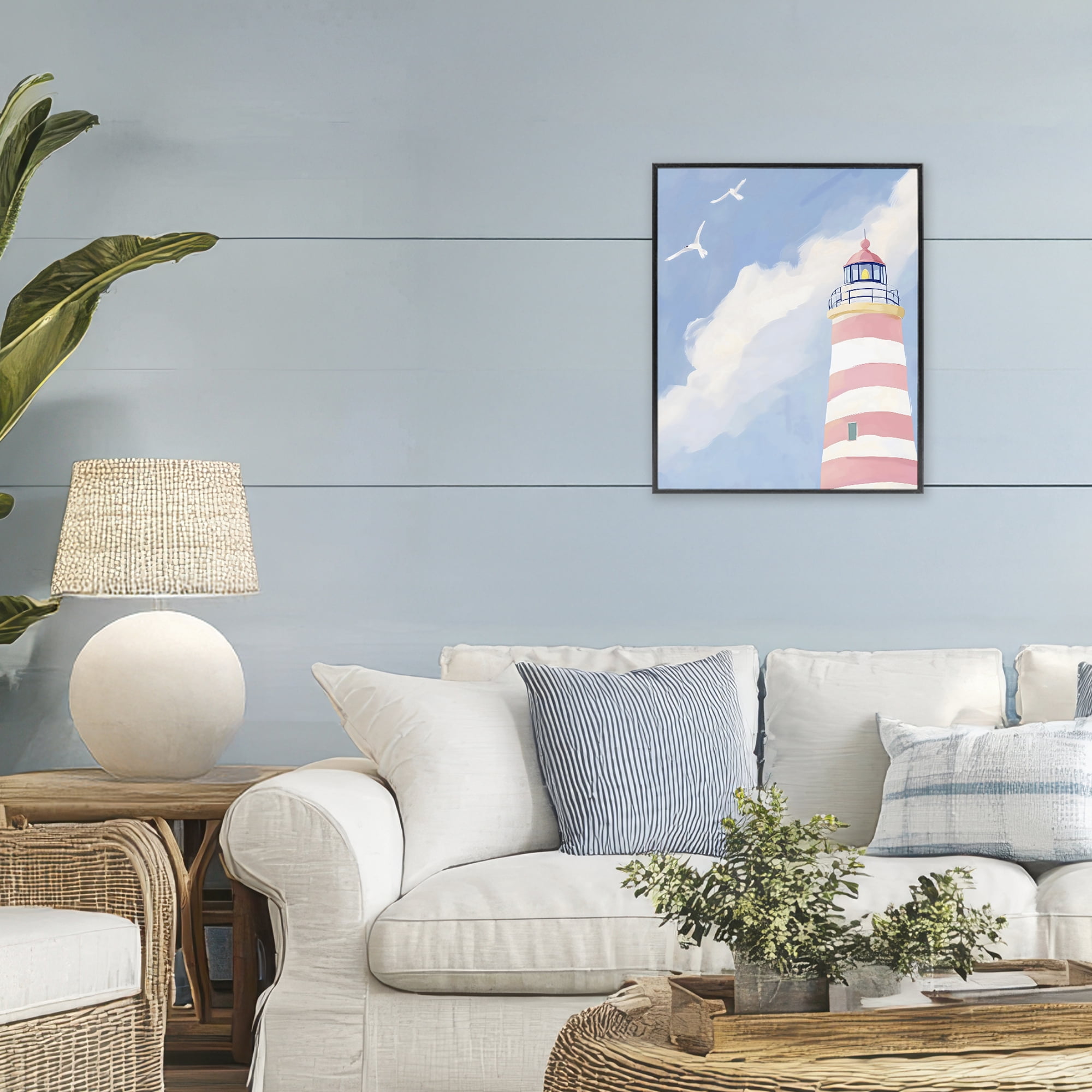 Stupell Industries Striped Lighthouse with Seagulls Black Framed Giclee Art, design by The Prints Vibe