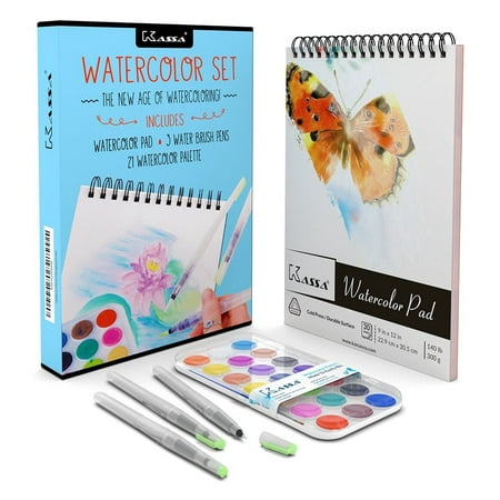 Kassa Watercolor Set - Includes Water Brush Pens (3 Assorted Sizes), Painting Pad (30 Sheets) & Paint Pan (21 Watercolors) - Watercoloring Art Supplies Kit for Beginners &