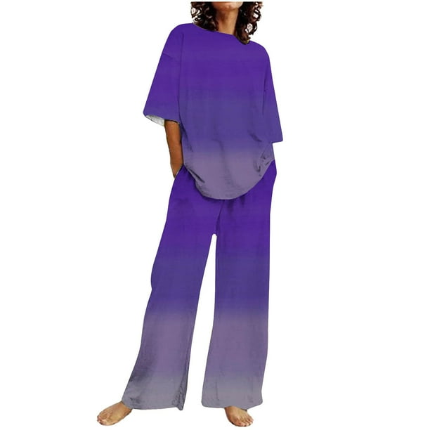 Conjunto Corto para las Mujeres Casual Suelto Encaje Casa Pantalones Impresos Y Blusa de Cuello Redondo de Dos Piezas