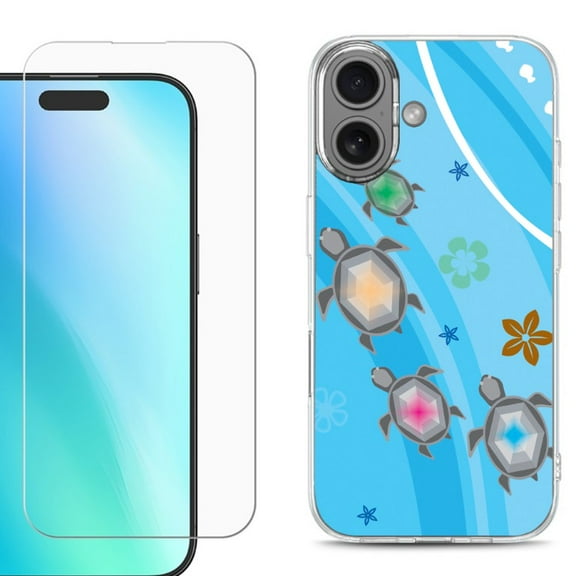 For iphone 16 Plus Phone Case Cover, Shockproof Case with Tempered Glass Screen Protector, by OneToughShield - Happy Turtle