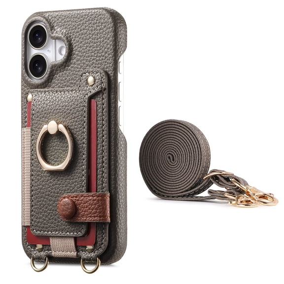 For iPhone 16 Plus Phone Case,With 360° Rotatable Ring Kickstand,Detachable Long Shoulder Strap,Card Slots,Shockproof Anti-fall PU Leather Anti-Scratch Back,Durable Wallet Phone Case,Gray