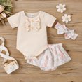 thumbnail image 2 of Toddler Girl Outfit Polyester Soild Ribbed Shorts Sleeves Romper Shorts Hairband Set Clothes Girls Beige 6 Months-12 Months, 2 of 7