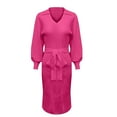 thumbnail image 4 of IROINNID Sweater Dress for Women V Neck Sweater Dress Puff Long Sleeve Slim Fit Bodycon Fall Winter Ribbed Knit Dresses Deals,Hot Pink, 4 of 9