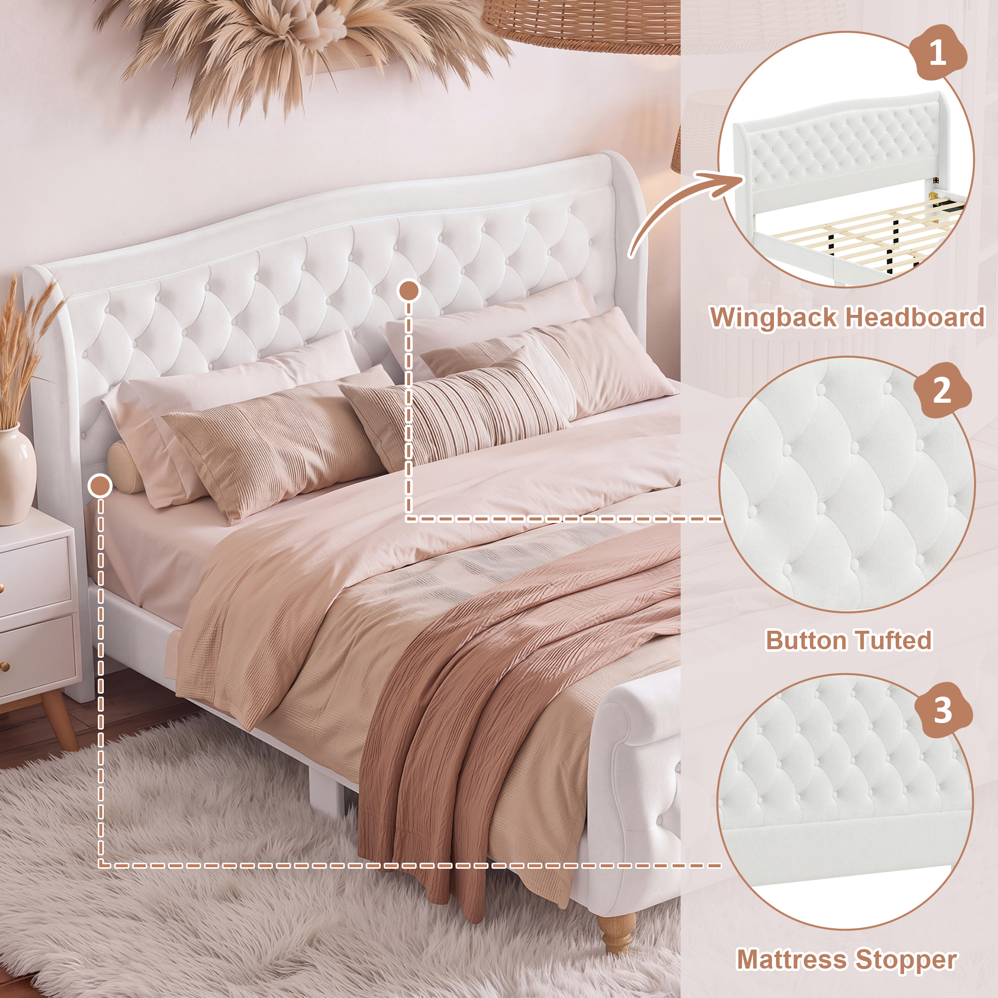 Euroco Velvet Upholstery King Size Platform Bed, Button Tufted Sleigh Bed Frame, No Box Spring Needed, Beige