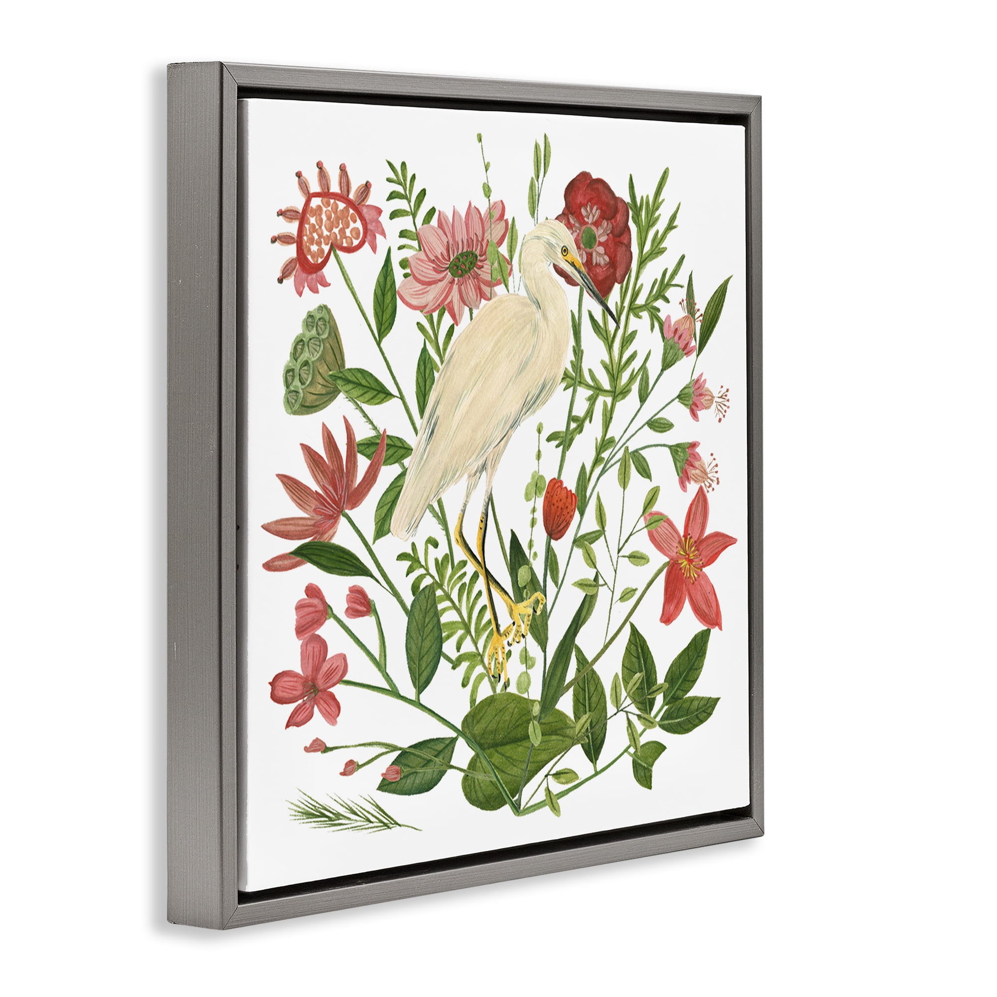 Stupell Industries Nautical Flowers & Egret Landscape Painting Gray Floater Framed Canvas Art Print Wall Art, 25 x 25