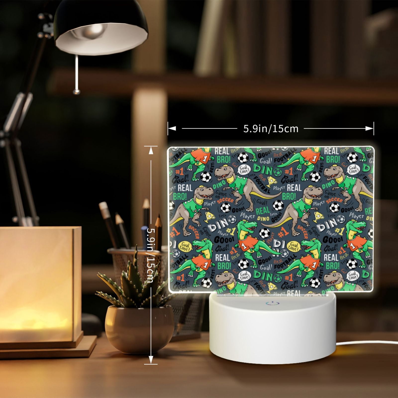 Vsdgher Dinosaur Plays Soccer Rectangular Acrylic Night Light Acrylic Sleep Night Light Friend Gifts for Birthday Gifts for Women Teens Boys Girls