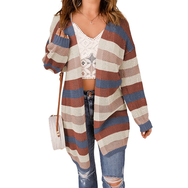ZAXARRA Women's Open Front Cardigan Sweaters Fashion Striped Contrast Color Cable Knit Fall Lightweight Outwear Coats