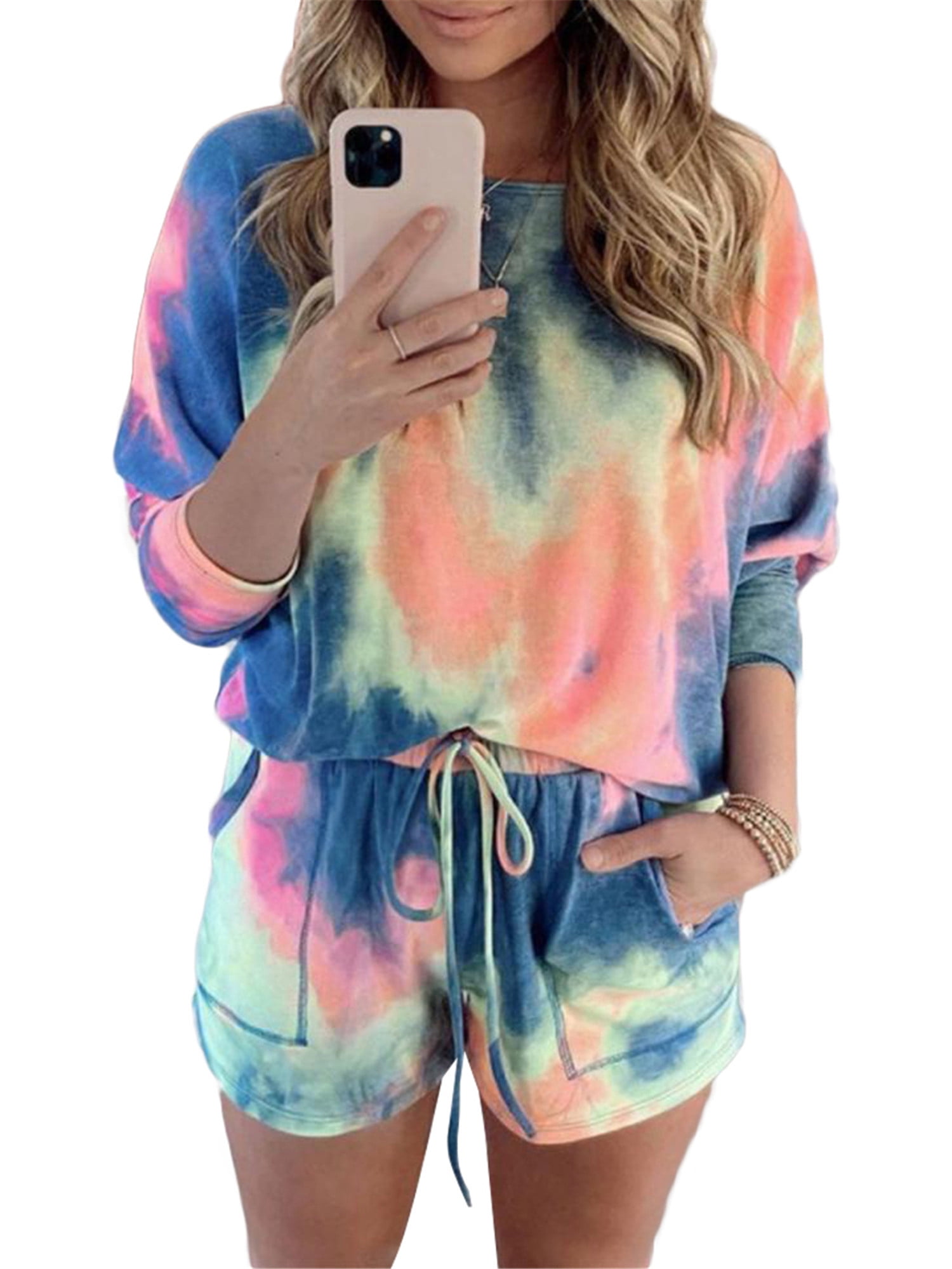 XIEERDUO Pajamas For Women Long Sleeve Crew Neck With Pockets Tie Dye Leopard Plaid Lounge Sets Two Piece Outfits Pj Set 