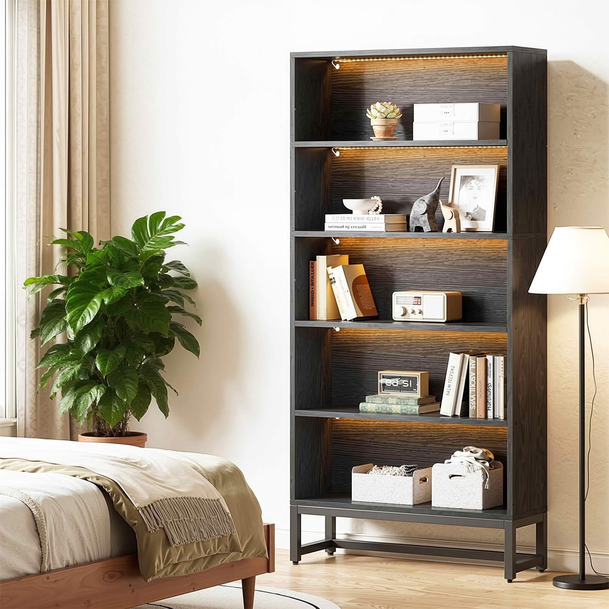 MAYEERTY 70.8 Inch 5-Tier Black Tall Bookcase with APP Controlled LED Lights, Heavy Duty Particleboard Metal Frame Bookshelf Organizer with Anti-Tip Kit for Home Office Living Room