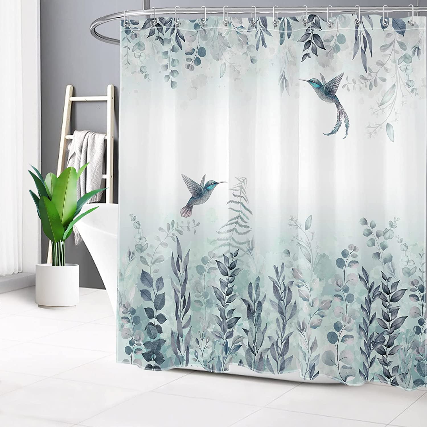 Teal Leaf Shower Curtain Eucalyptus Hummingbird Bird Shower Curtains White Green Leaves Botanical Plant Floral Cottagecore Aesthetic Bathroom Curtain 12 Hooks Durable Fabric 72X72Inches