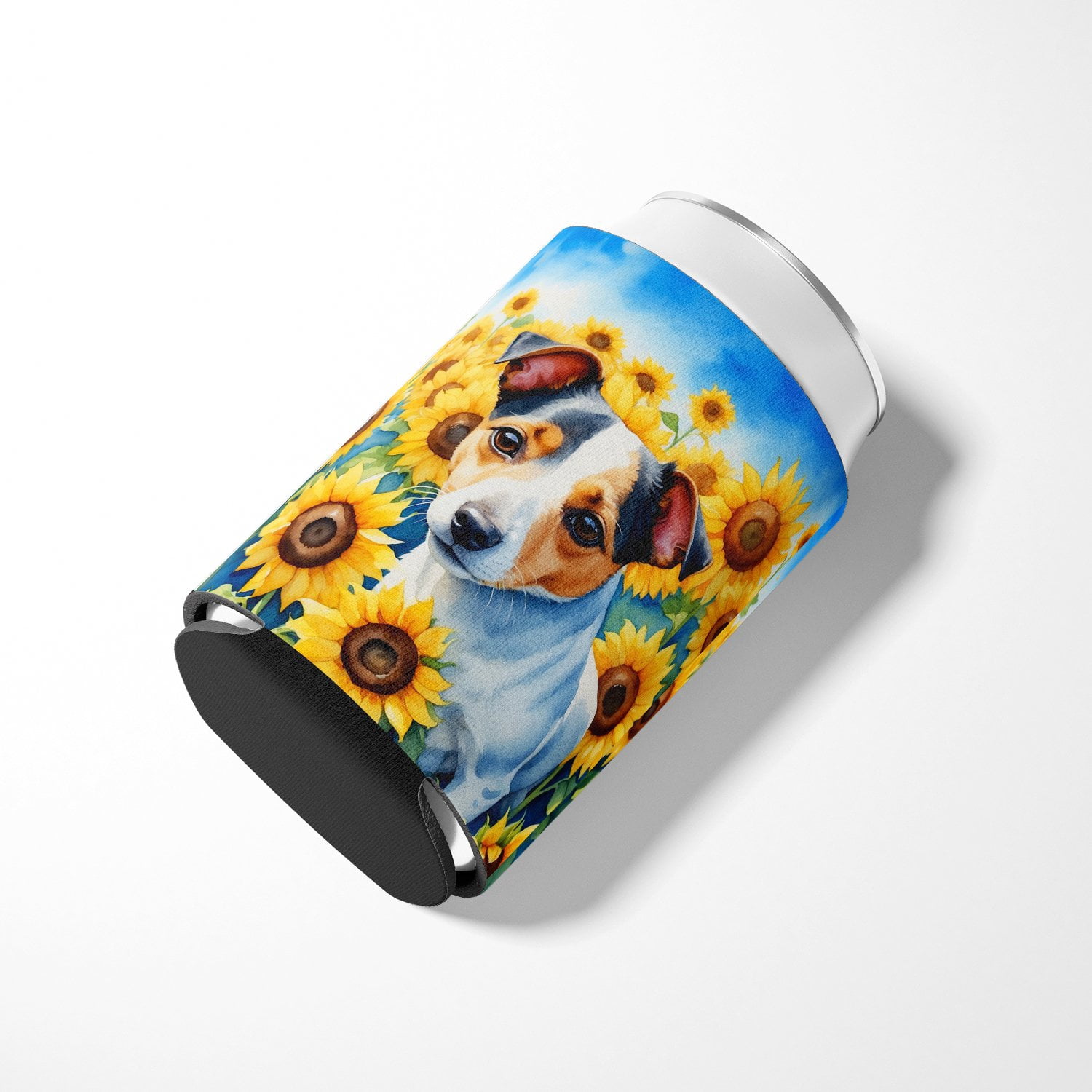 Jack Russell Terrier in Sunflowers Can or Bottle Hugger 3 in x 5 in