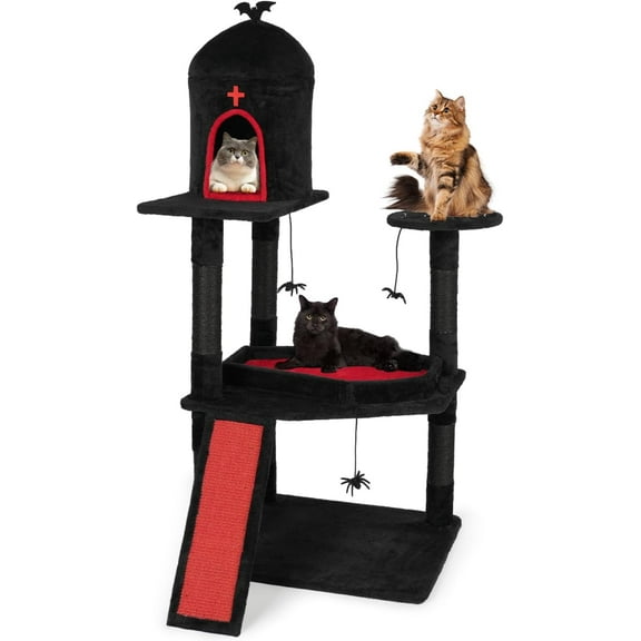 Halloween Cat Tree with Pet House and Hanging Spider Decorations, 55 Inches Tall (Black & Red)