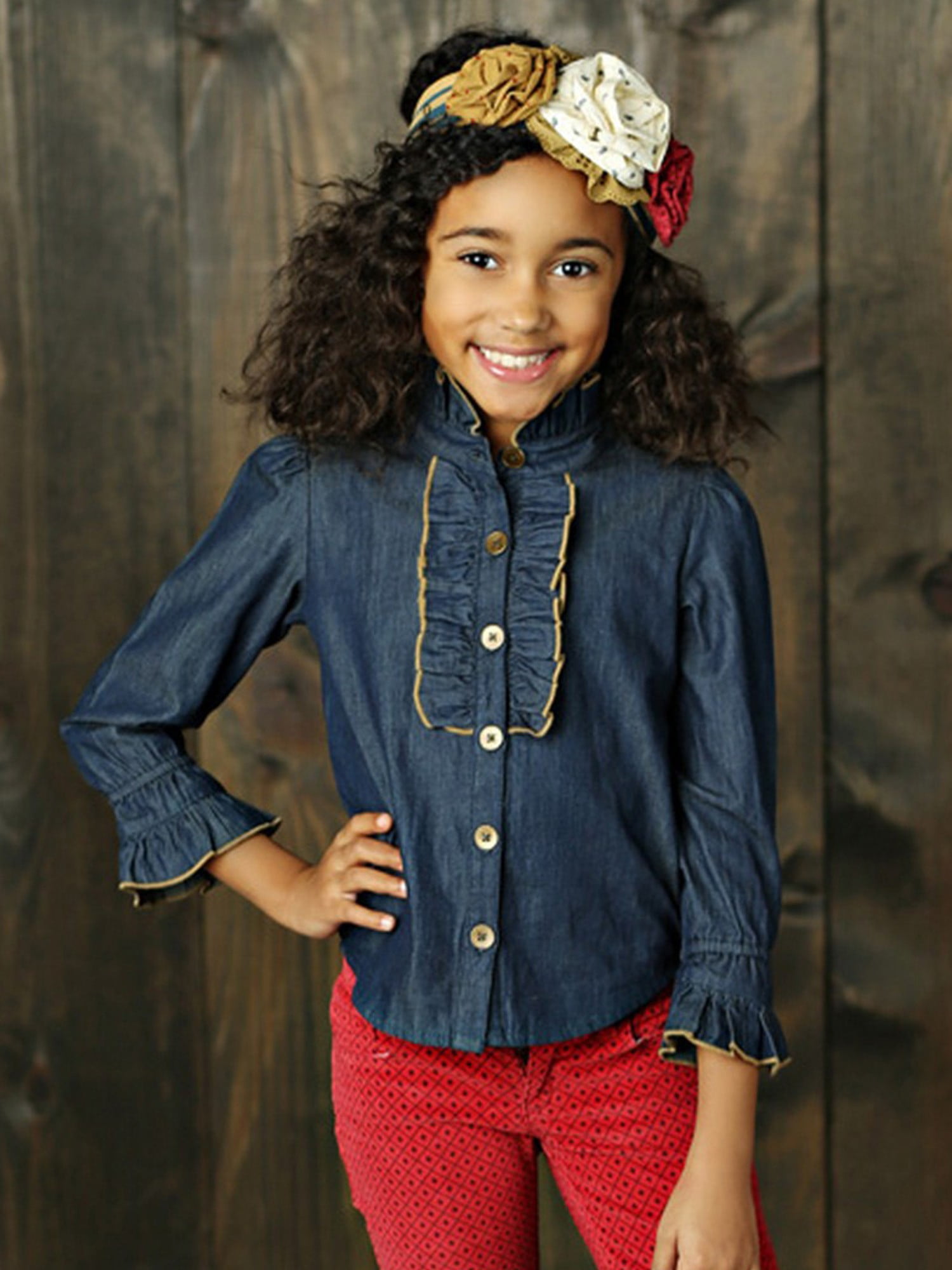 Mustard Pie Little Girls Navy Woodland Magic Piper Button Down Shirt