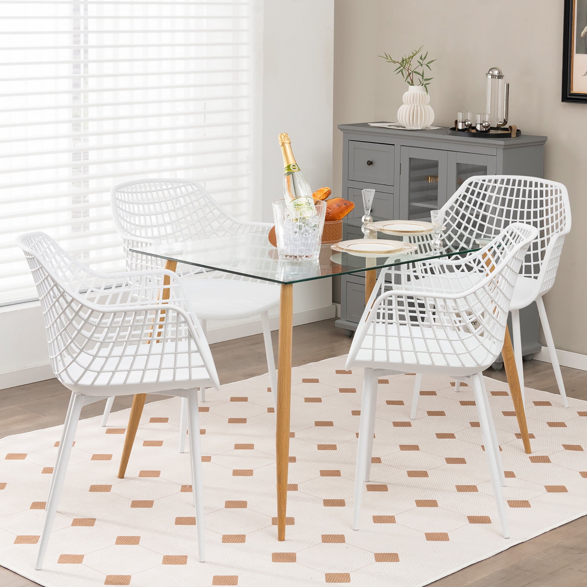 Costway Modern Dining Chair Set of 4 Plastic Shell Hollow withMetal Legs for Living Room White