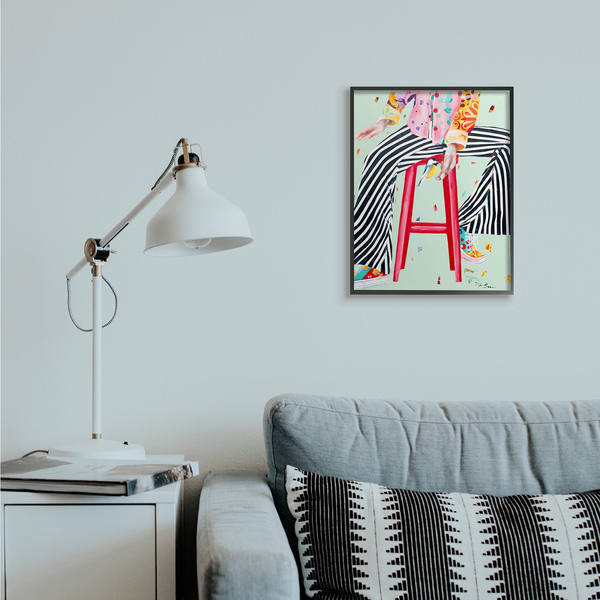 Stupell Industries Sitting On Stool with Bird Fun Expressive Fashion Black Framed, 16 x 20, Design by Pamela K. Beer