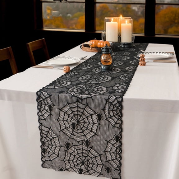 PoyoKee Lace Table Runner, Black Spiderweb Table Cloth, Sheer Mesh Tablecloth, Party Decorations for Kitchen and Dining, Home Decor, 71 x 12 inch