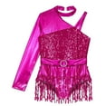 thumbnail image 4 of Sholeno Kids Girls Sequin Latin Dance Tassel Dress Leotard Shiny Asymmetrical Shoulder Fringe Skirted Bodysuit Hot Pink 12, 4 of 6