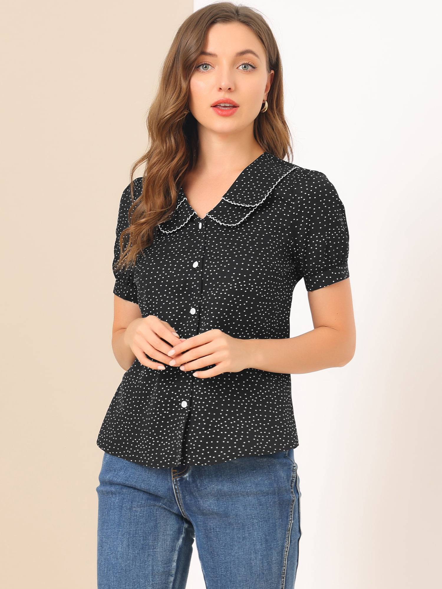 DARING DIVA Women's Polka Dots Peter Pan Collar Puff Sleeve Shirt XL Black
