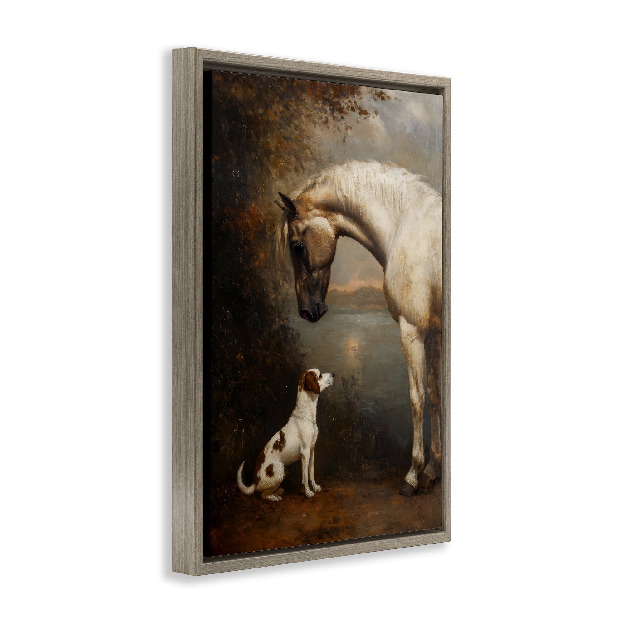 Stupell Industries Hound & Horse Vintage View Brown Framed Floater Canvas Wall Art, design by Petal Prints Design