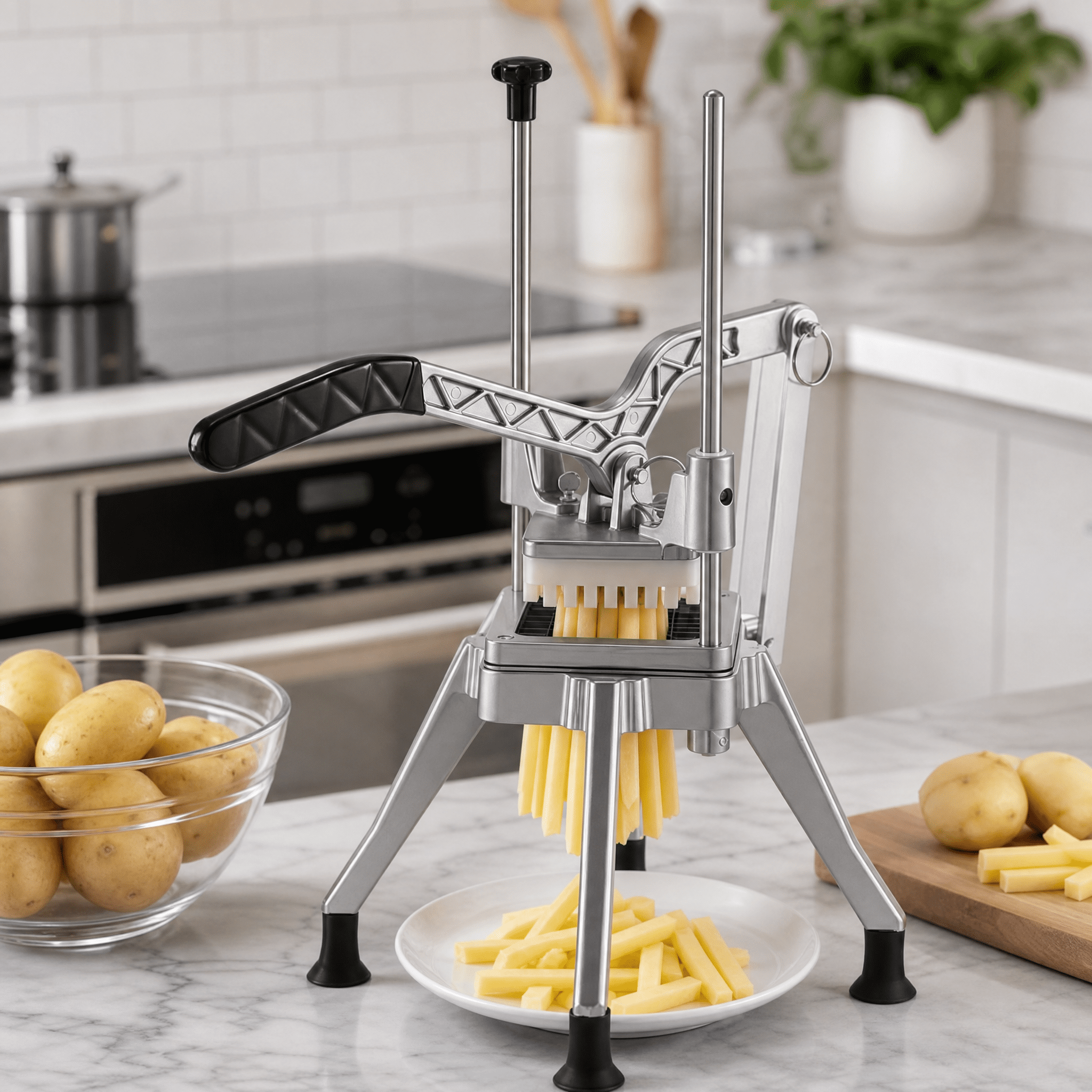 Commercial French Fry Cutter with 1/2" Blade, Lever-Action Vegetable Dicer, Stainless Steel, Four-Corner Stable Support for Kitchen Restaurant