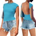 thumbnail image 1 of GHSDFBB Hauts Aguichant pour Femmes Dos Nu Manches Courtes Été Décontracté T-Shirt Col Rond Ajusté Découpé Y2k Crop Top, 1 of 7