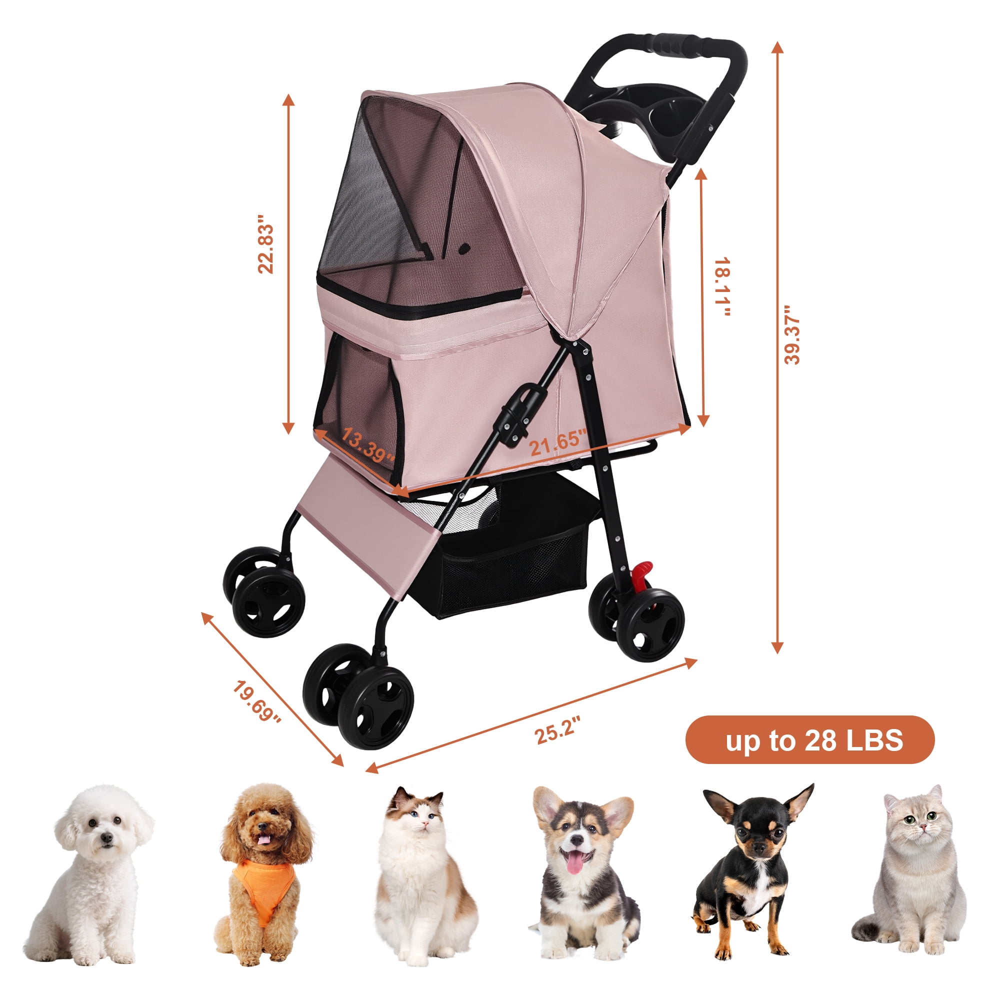 One-Click Foldable Pink Pet Stroller for Small Dogs & Cats, Holds Up to 28 LBS, Breathable Mesh, 360° Swivel Wheels with Lock Brakes, Storage Tray & Basket for Travel Walking