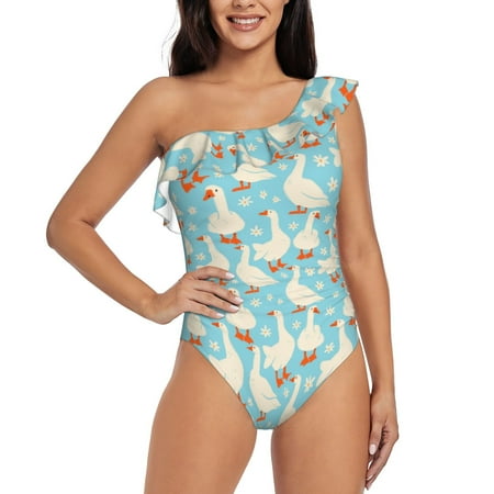 Gukieu White Geese and Flower Print One-shoulder Ruffled One-piece Swimsuit with Removable Chest Pads and Tummy-control Swimsuit for Women-XX-Large
