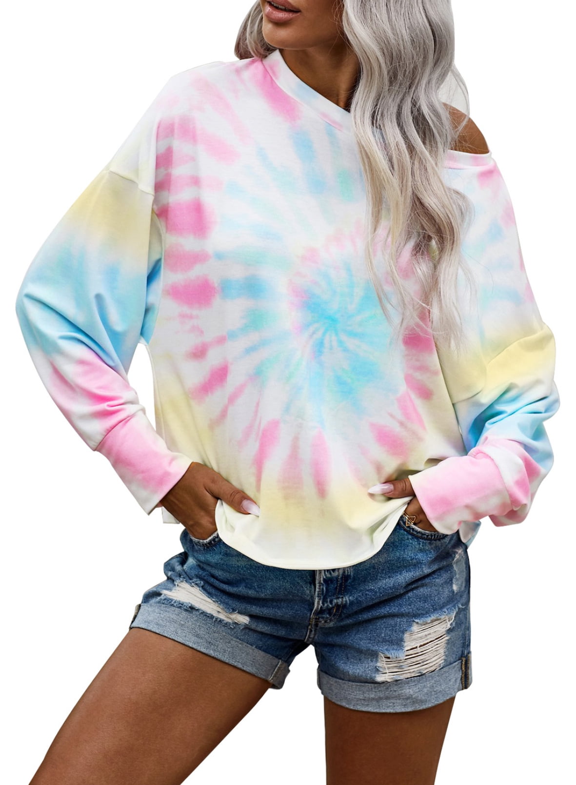 Womens Tie Dye Printed Long Sleeve Sweatshirt Round Neck Casual Loose Pullover Tops Shirts 