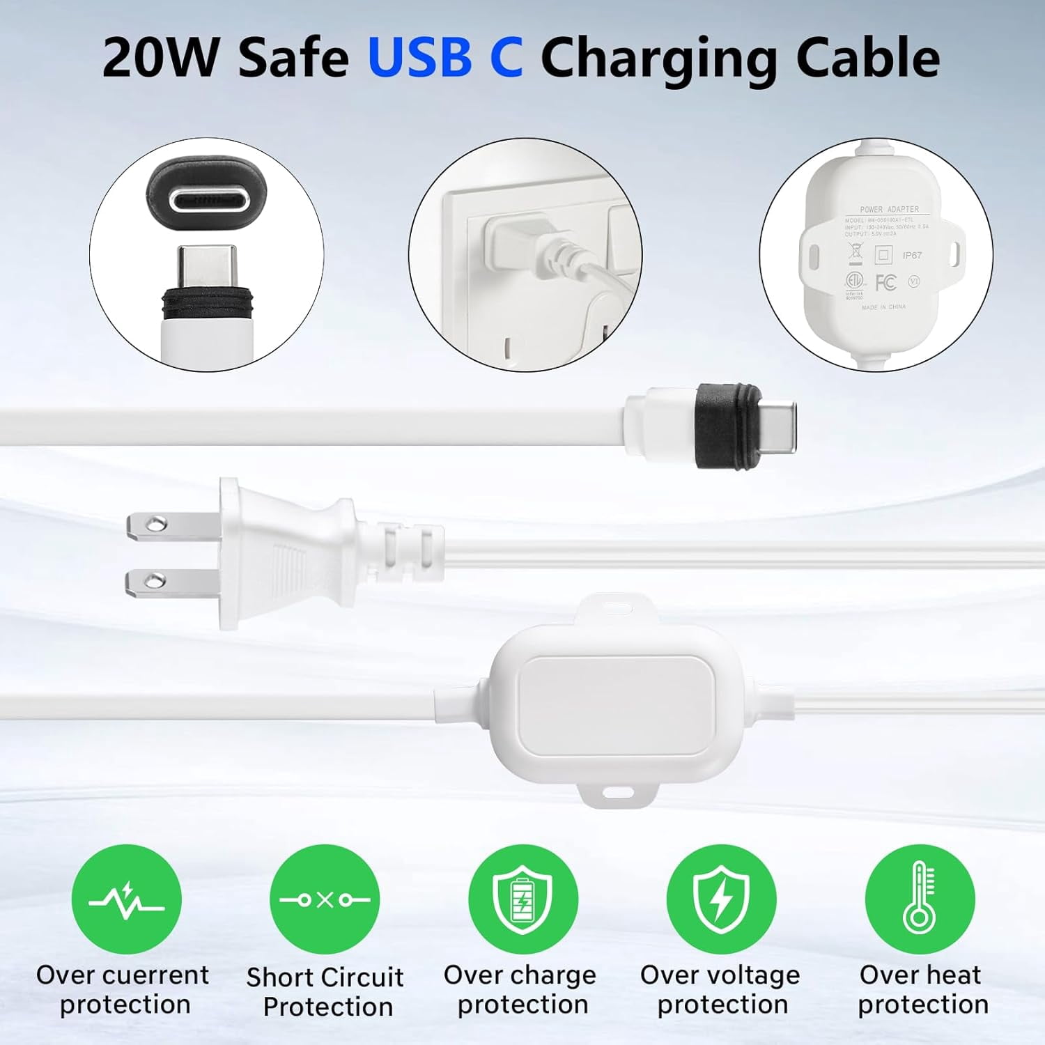 Weatherproof Power Cord for Spotlight Cam Plus/Pro (Battery), 25ft USB-C Outdoor Charging Cable for Continuous Camera Power Supply, White