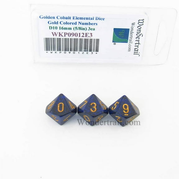 Golden Cobalt Elemental Dice with Gold Numbers D10 16mm (5/8in) Pack of 3 Wondertrail