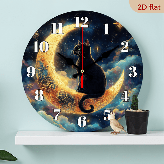 2D Flat 1pc 10Inch Wooden Enchanting Black Cat Starry Moon Wall Clock Silent, Battery Operated, Wooden Frame with Celestial Design for Living Room, Bedroom, Kitchen, Office Decor Perfect