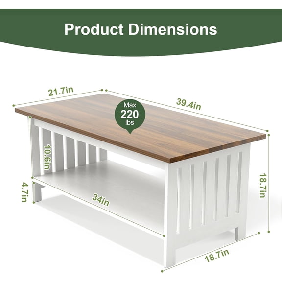 39.4 Inch Farmhouse Coffee Table with Storage Shelf for Living Room Bedroom Office White