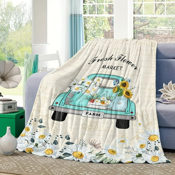 Flannel Throw Blanket Spring Teal Truck Daisy Floral Vintage Letter Stamp Lightweight Soft Warm Blanket Pastoral Cozy Plush All Seasons Universal Blanket For Bed Couch Car Office